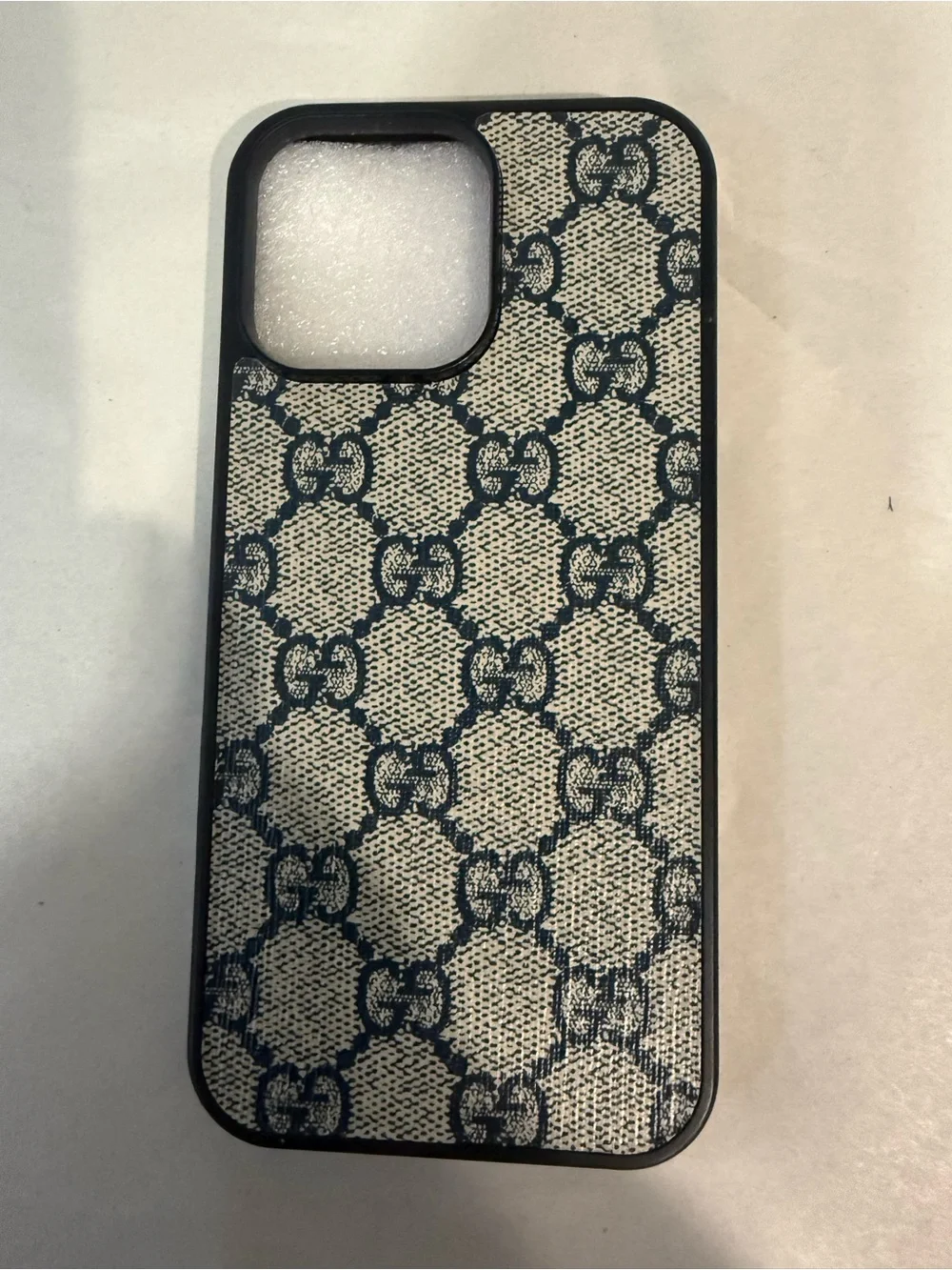 Custom Designer Gucci Style Grey & Navy GG Pattern iPhone 16 Pro Max Case used.
